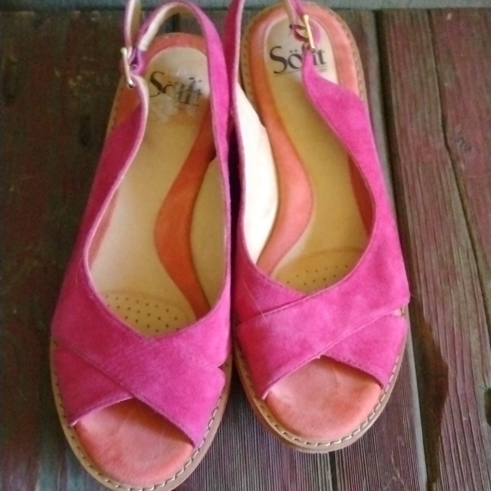 Sofft Pink and Orange Suede Wedge Sandals - Picture 6 of 8